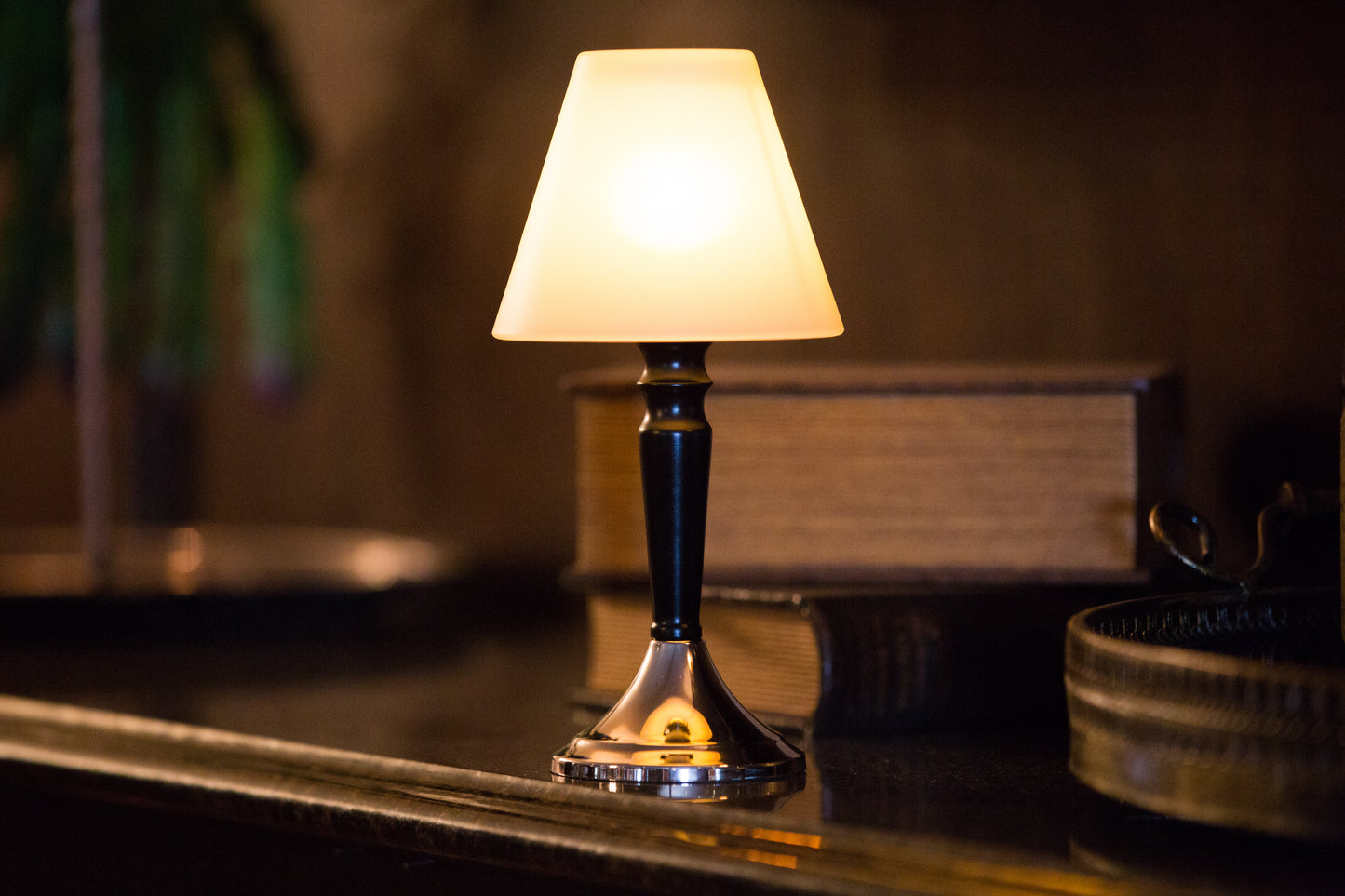 Candlestick Lamp, Frosted Acrylic with Black and Silver Base