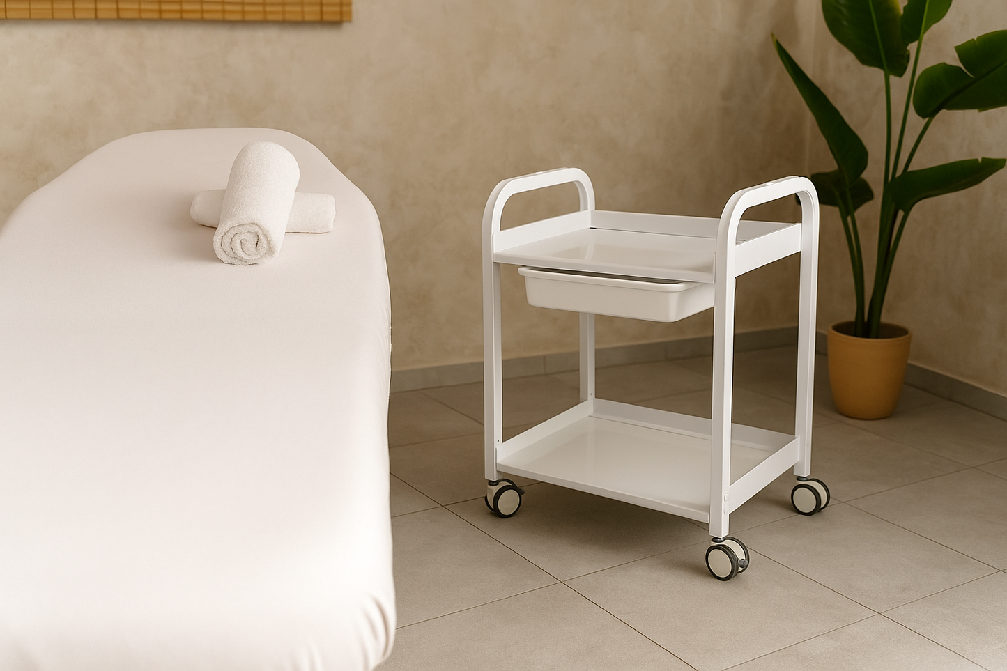 Metal Low Height Cart with Drawer, White