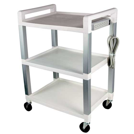 Poly Utility Cart, 3 Shelves & Power Strip, White