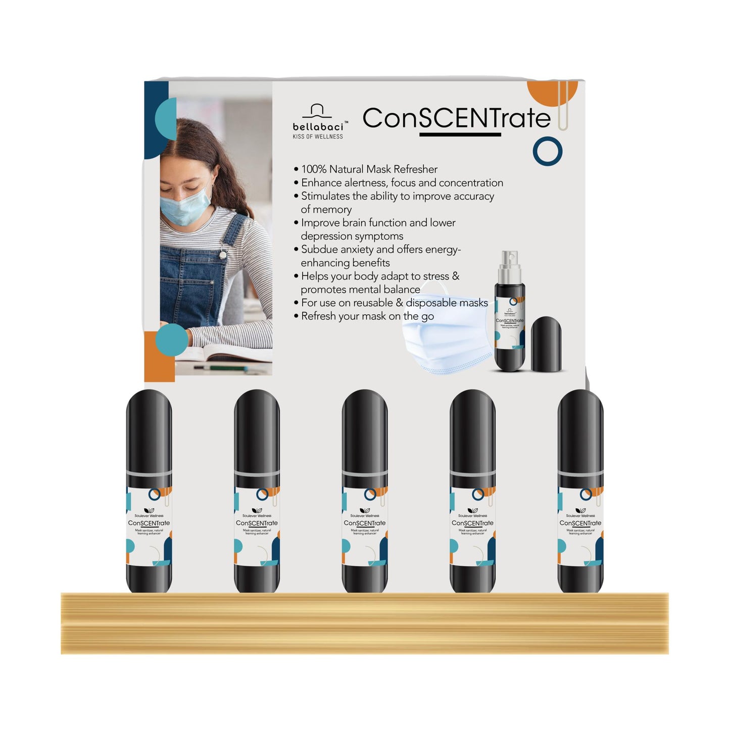 Bellabaci ConScentration Essential Oil Spray, 5 ml, Retail Display & Tester, 26 piece