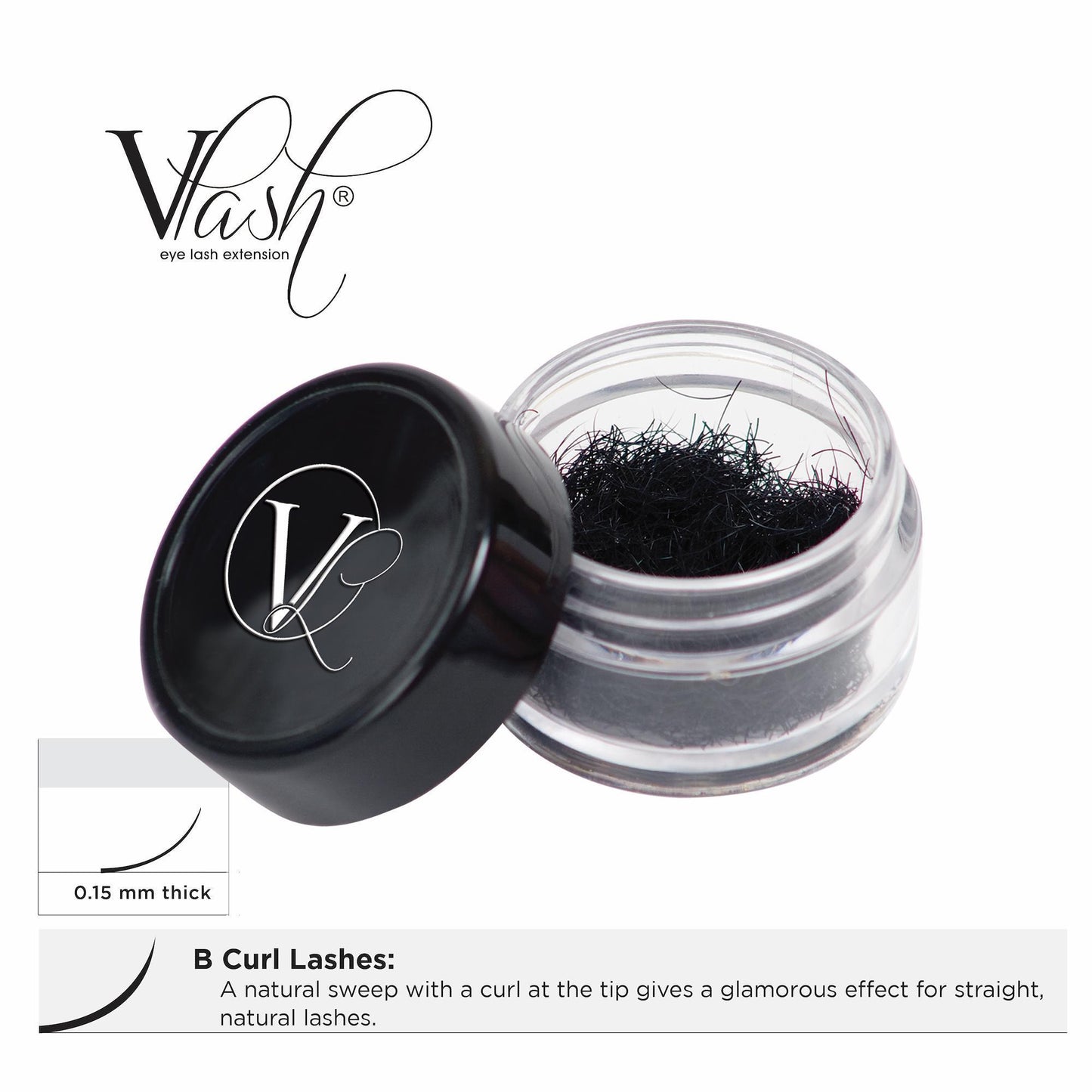 Lash Extensions, Strips, Acces 15mm VLash B Curl Jar Lashes / .15mm thick