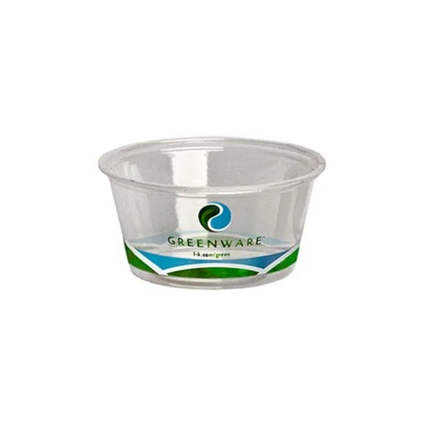 Image of small plastic cup with green and blue logo on it. 