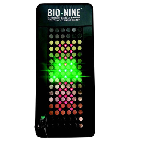 Image of BIO-NINE gemstone mat with red and green lights. 