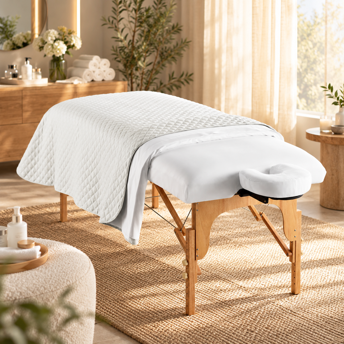 A wooden massage table covered with a white quilted blanket and white headrest cushion, set in a bright spa-like room with warm sunlight, plants, and neutral decor.