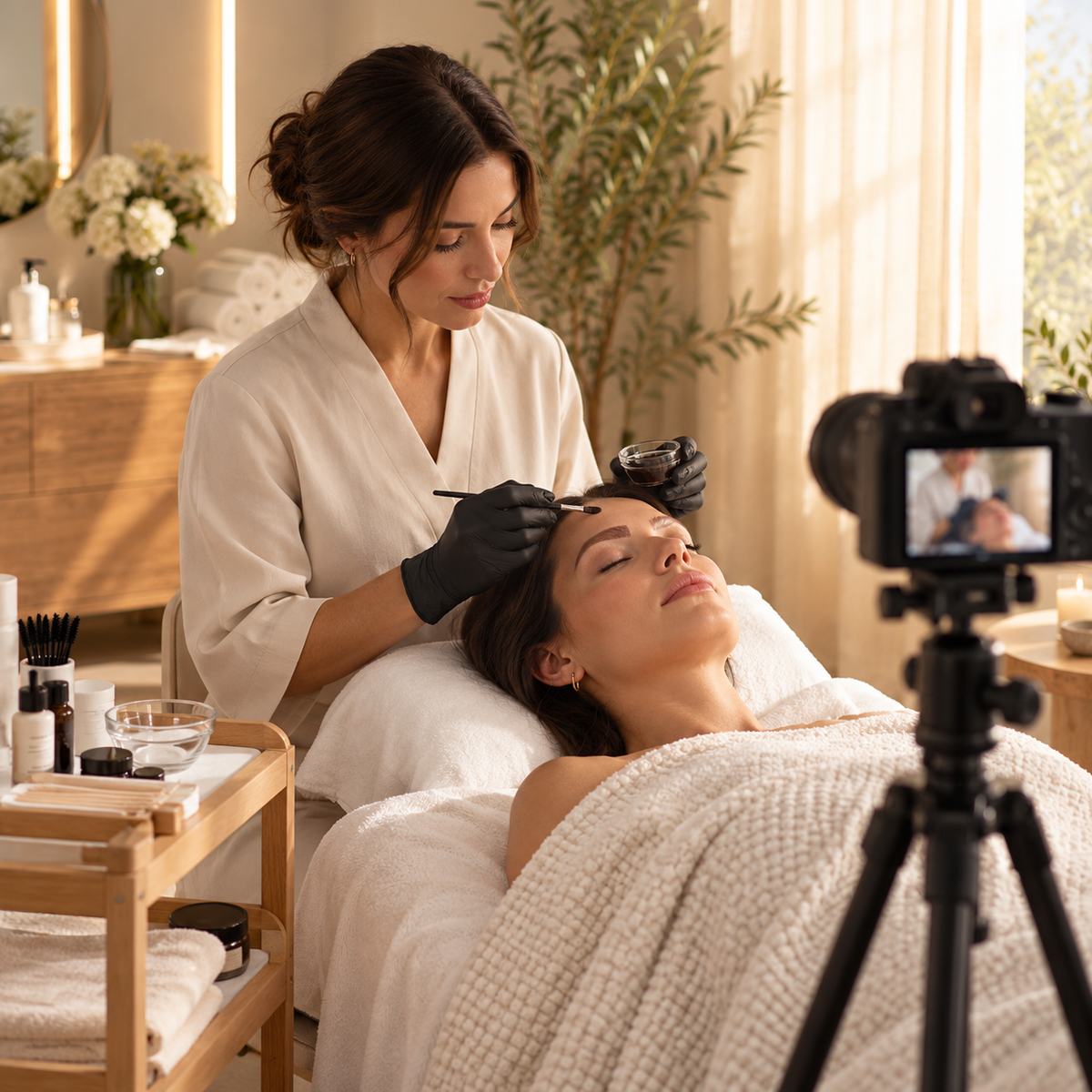 A lifestyle scene in a spa or beauty salon showing a therapist applying makeup to a client's eyebrow while another person lies down covered with a white blanket. A camera on a tripod is visible in the foreground, and the setting features warm lighting, wooden furniture, and plants.