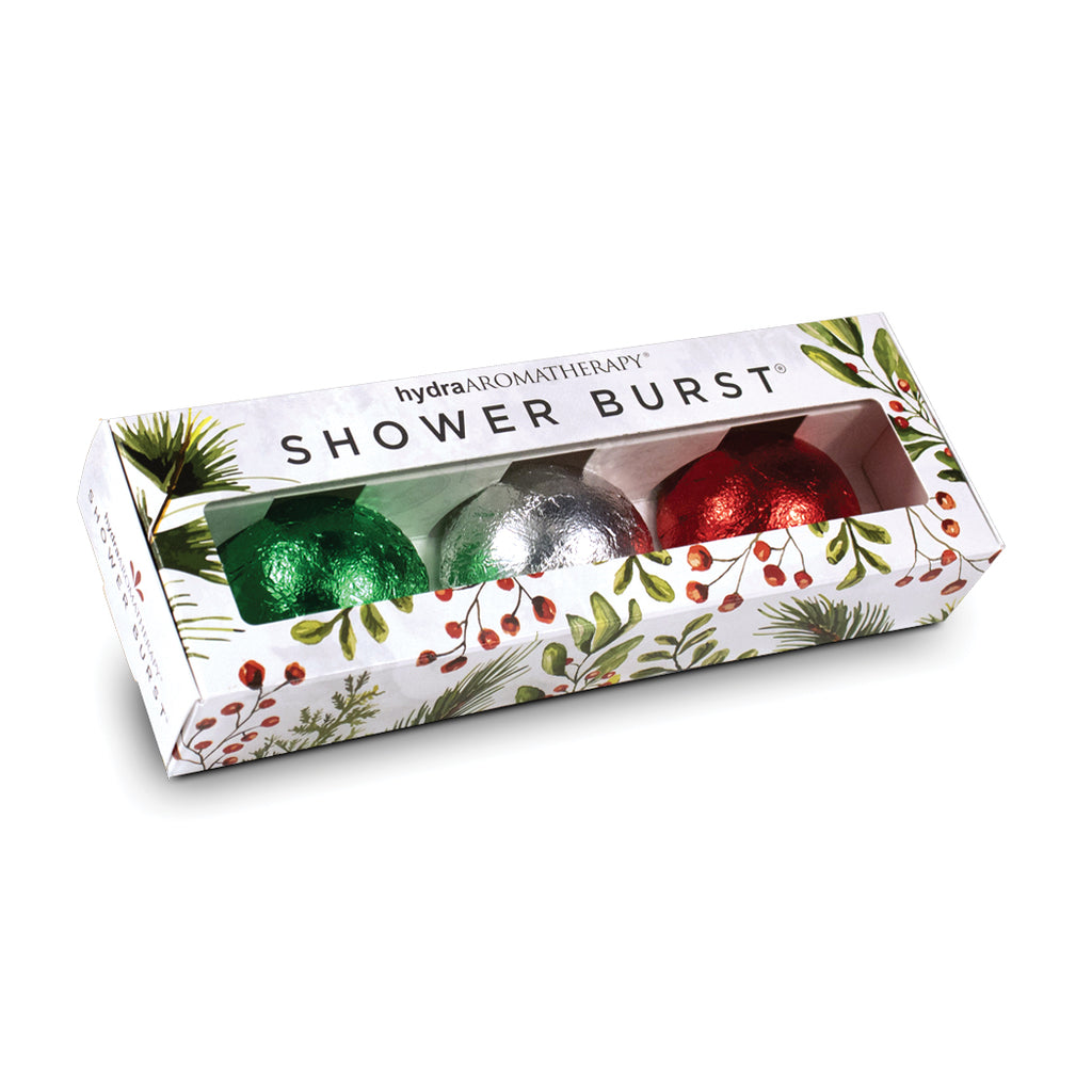trio of red, green and silver holiday inspired aromatherapy shower burst