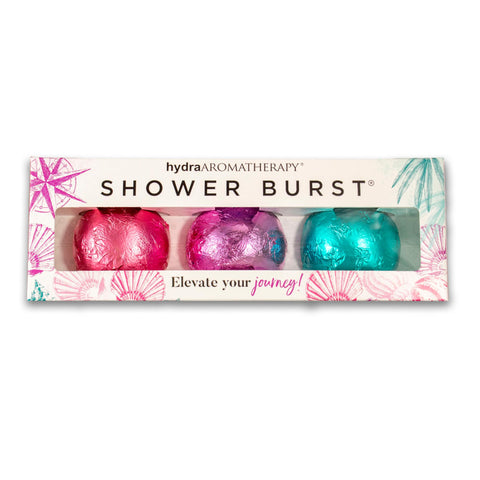 Image of Package containing 3 shower burst. Seashells on the outside of the package.