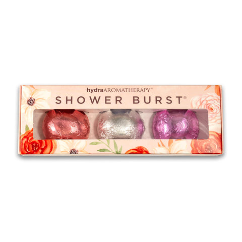Image of Package containing 3 shower burst. Flowers on the outside of the package. 