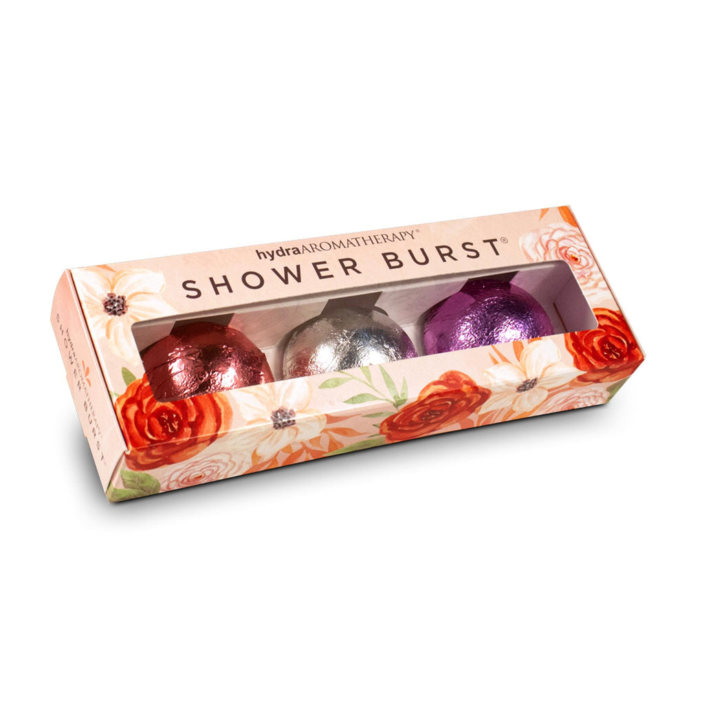Package containing 3 shower burst. Flowers on the outside of the package. 