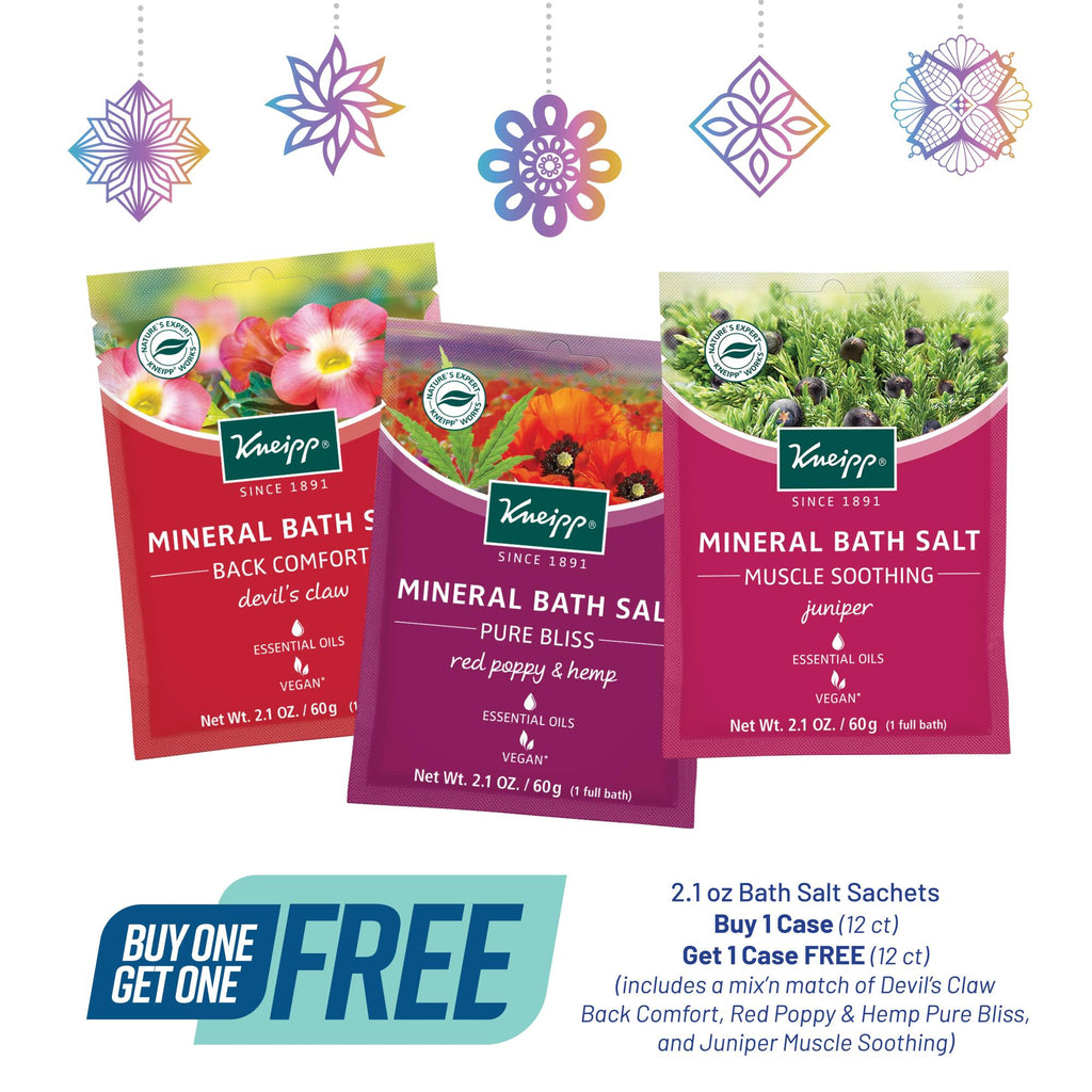 3 packets of different scented bath salts, verbiage explaining that it is buy 1 12ct case of 2.1oz bath salts, get one 12ct case of 2.1oz bath salts free.  