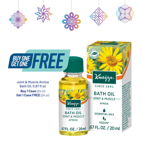 Image of 1 0.67 fl oz bottle displayed of Kneipp arnica bath oil, verbiage explaining that it is buy 1 24ct case of 0.67fl oz arnica bath oil, get one 24ct case of 0.67fl oz arnica bath oil free.