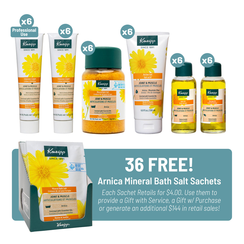 infographic picture showing 6 qty of 6 products, and stating you receive 36 free bath salt sachets with purchase of the kit. 