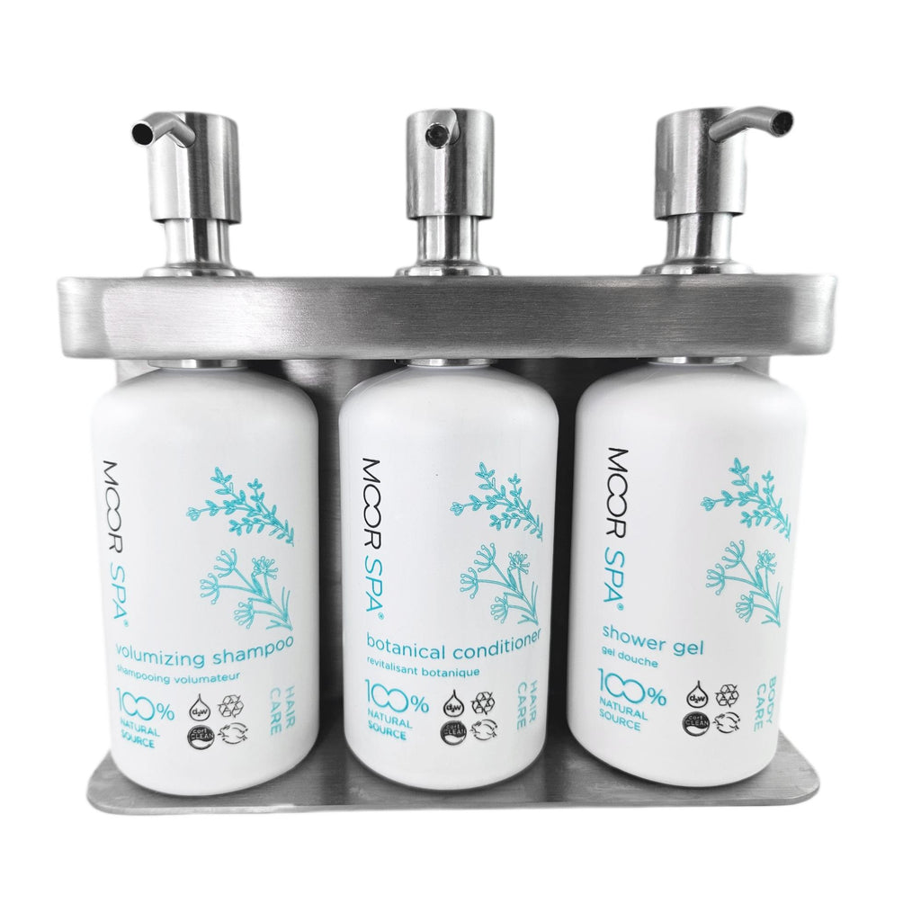Moor Spa Stainless Steel Amenity Dispenser Set w/ Bottles and Pumps