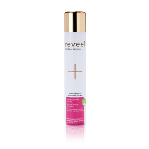 Image of 100mL bottle of serum spray with gold lid and white and pink labeling 