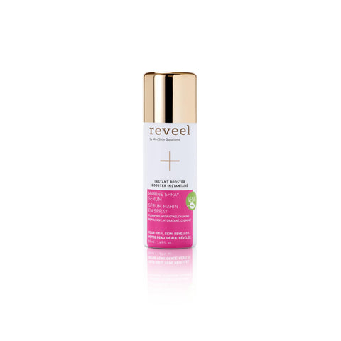Image of 50mL bottle of serum spray with gold lid and white and pink labeling 