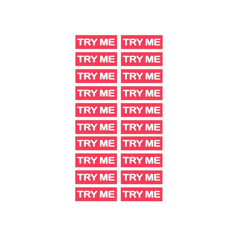 Image of image of pink rectangular sticker sheet with "Try Me" in white letters 