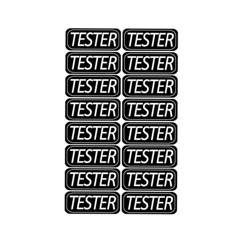 Image of image of a sheet of black rectangular stickers with "Tester" in white letters