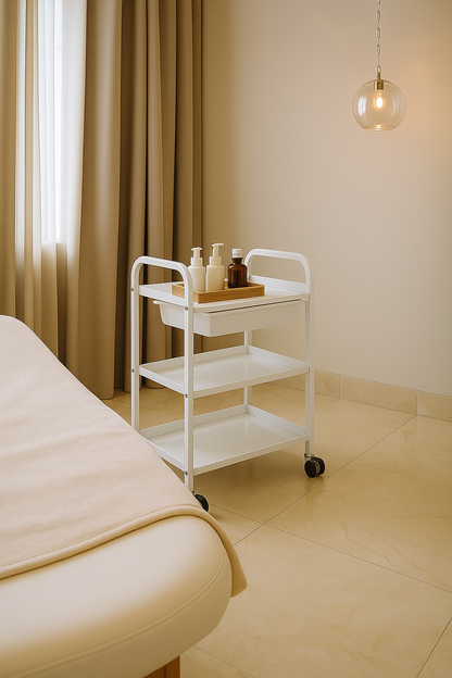 Metal 3 Shelf Cart with Drawer, White