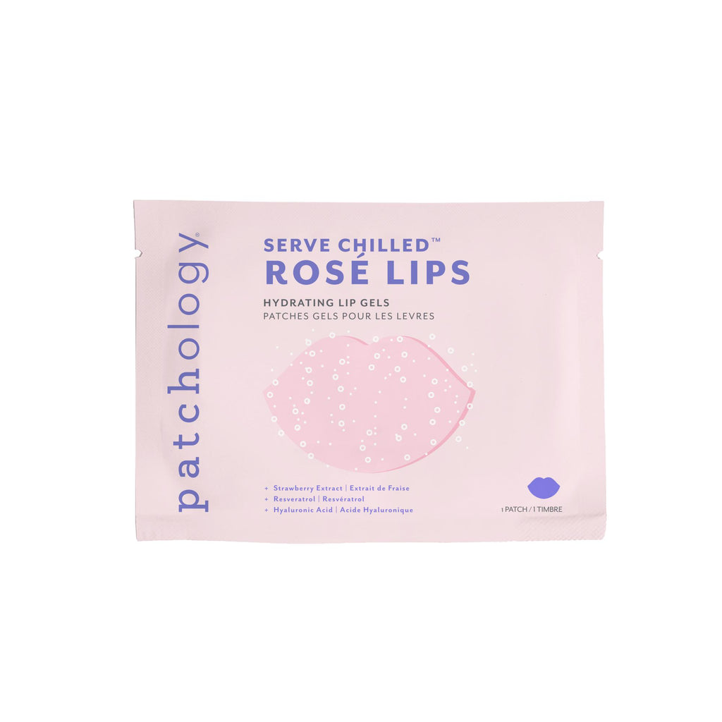 A pink square package with an image of illustrated lips with small bubbles on them. 