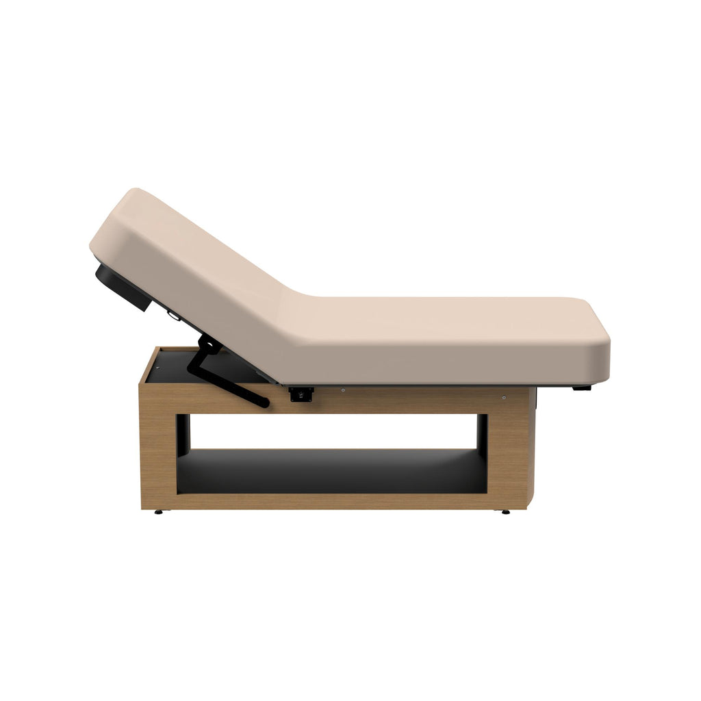 Oakworks Prema E-Nvi Electric Backrest Top Table with Open Shelf Base
