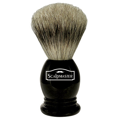 a fluffy shaving brush made out of badger hair with a black handle