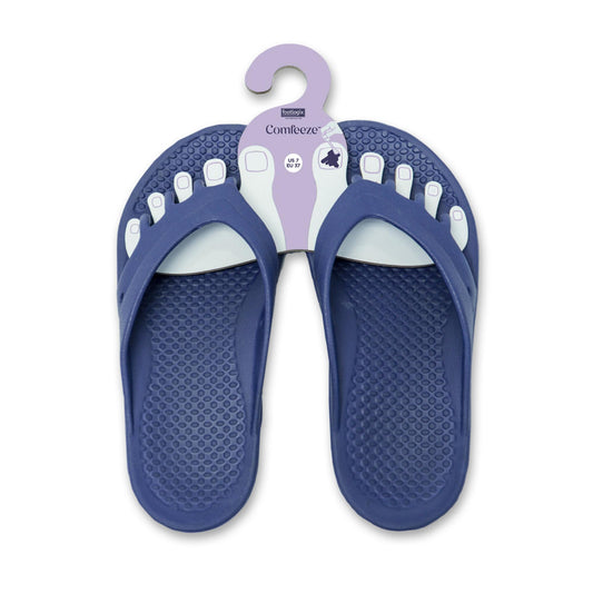 Size 7 dark blue sandals with toe spreader built in. 
