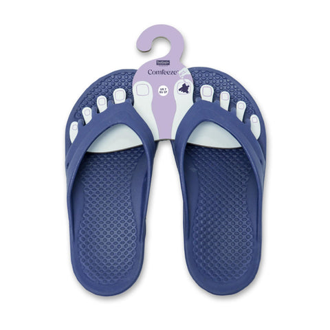 Image of Size 7 dark blue sandals with toe spreader built in. 