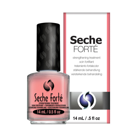 Image of bottle of pink Seche Forte product shown with packaging