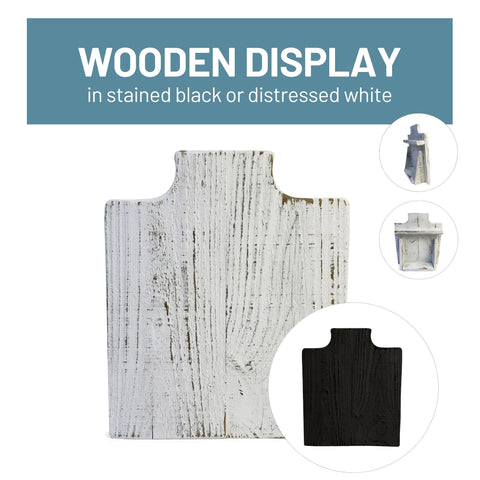 Image of A wooden, flat display in the shape of a neck/shoulder to display a neck wrap. Washed white or Stained Black
