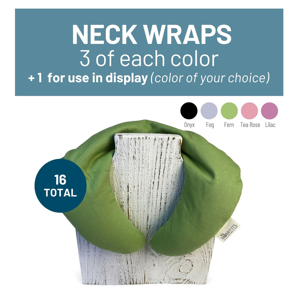 A flyer depicts the various colors available of a c-shaped neck wrap. There are 3 of each color provided, and one additional neck wrap included for display purposes. 