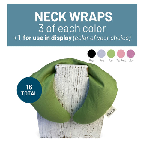 Image of A flyer depicts the various colors available of a c-shaped neck wrap. There are 3 of each color provided, and one additional neck wrap included for display purposes. 