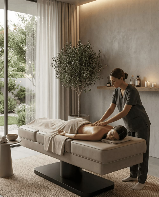 A spa therapist in dark gray scrubs massages a client lying face down on a cream-colored massage table in a serene, modern spa room with warm lighting and a large potted tree.