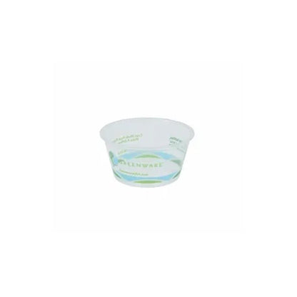 small plastic cup with green and blue logo on it. 