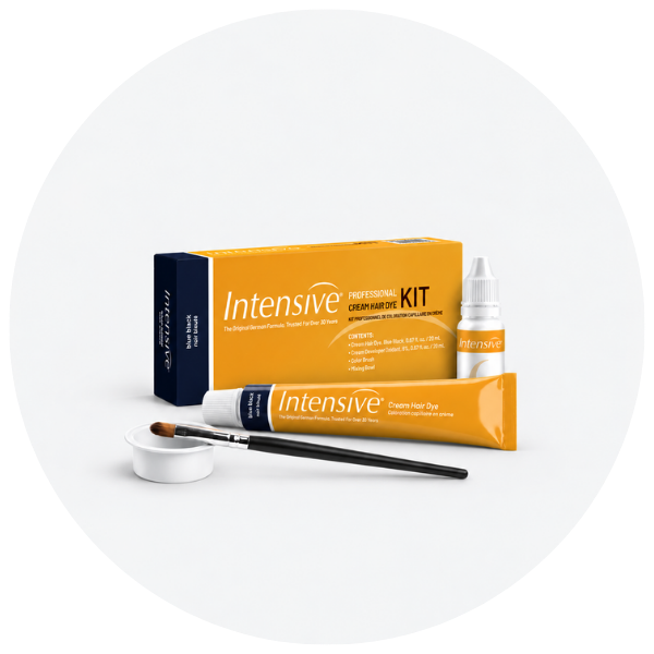 Intensive Professional Cream Hair Dye kit with a yellow and navy blue box, a tube of cream hair dye, a dropper bottle, a small white lid, and a makeup brush, arranged on a light gray background inside a circular frame.