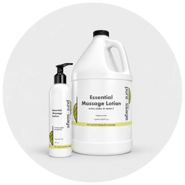 A large white plastic jug and a smaller white pump bottle of Pure-ssage Essential Massage Lotion, both with black caps and black text, displayed on a light gray background inside a circular frame.