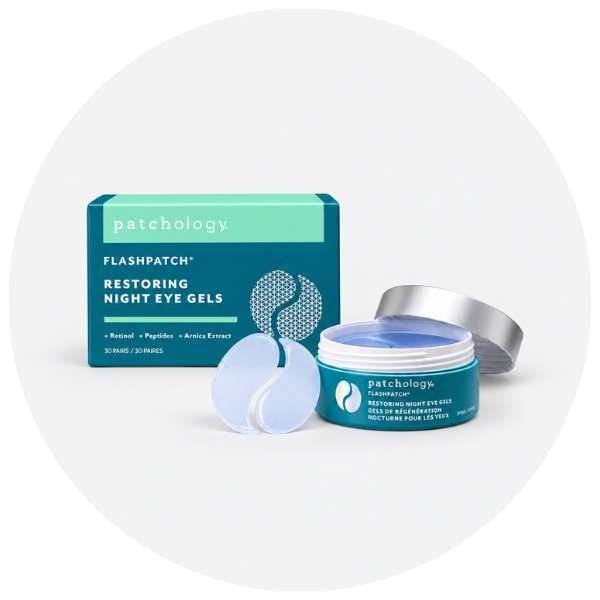 Patchology Flashpatch Restoring Night Eye Gels set, featuring a teal and mint green product box, an open teal jar with a silver lid, and two pale blue eye patches on a white background with a light gray circular frame.