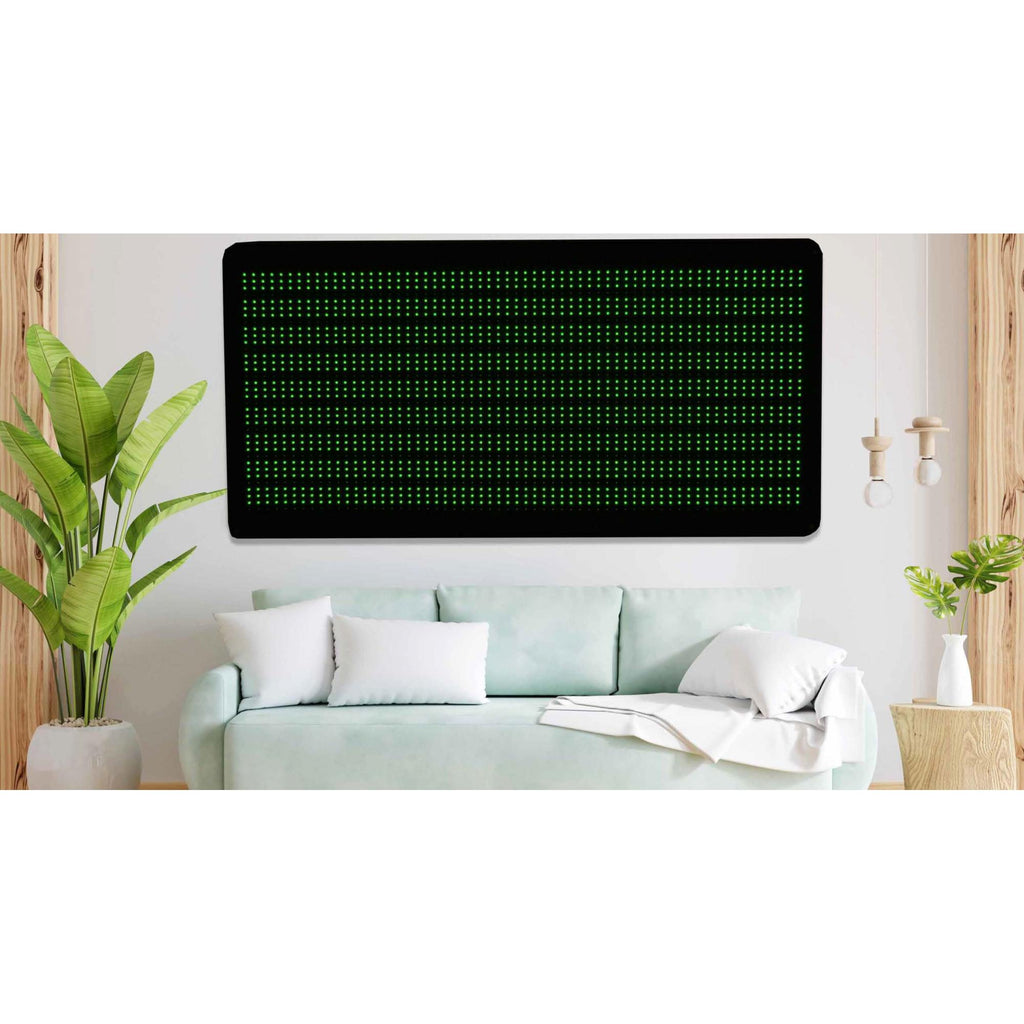 green setting of gemstone mat on wall above couch. 