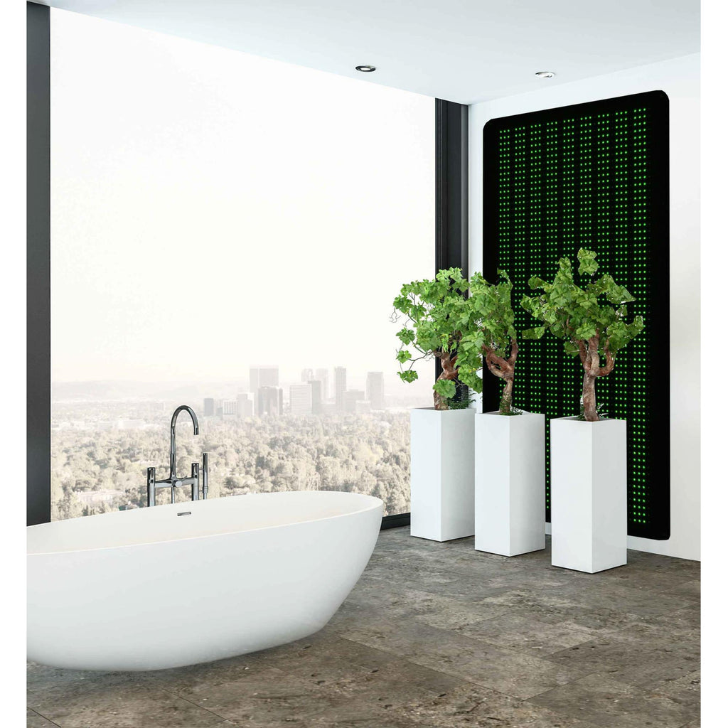 green setting of gemstone mat on wall of bathroom overlooking city