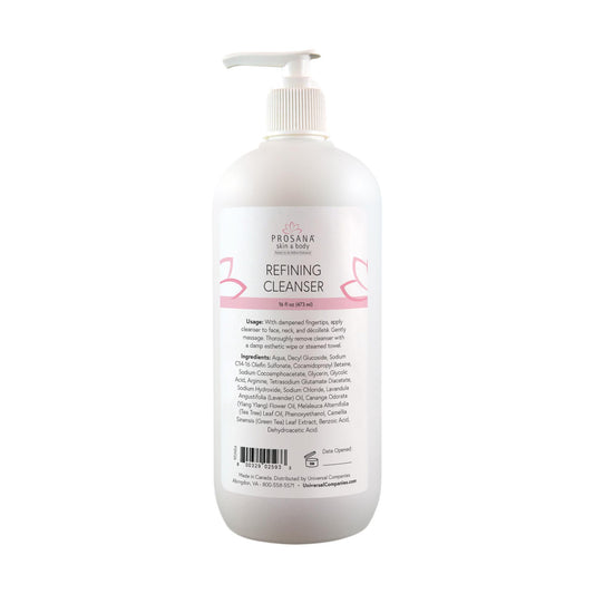 A bottle of Prosana Refining Cleanser with a pump dispenser. The label includes the product name, description, and ingredients.