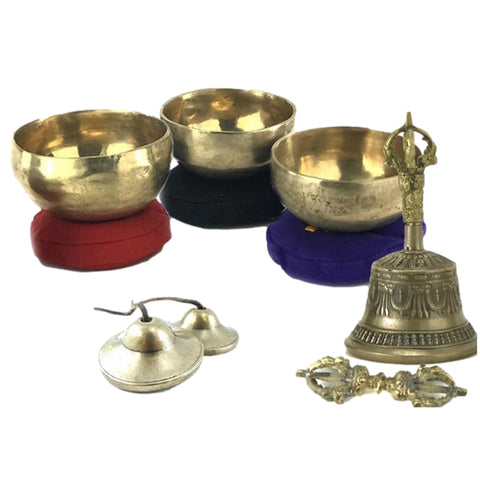 Image of Himalayan Metal Singing Bowl, Bell, & Chimes Practitioner Starter Kit, 6 piece