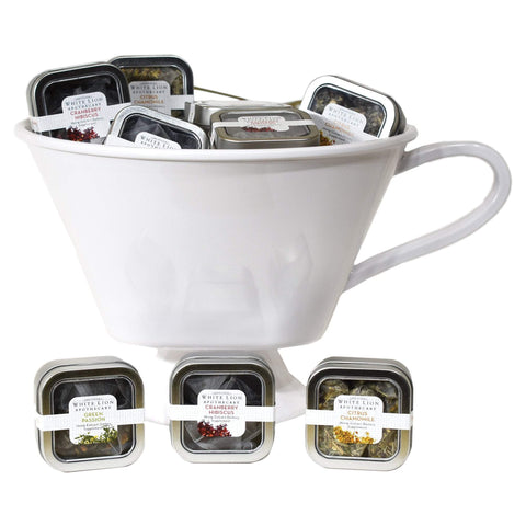 Image of Tea & Snacks Hemp Extract Infused Tea 48-5ct Sample Tins, Mixed Case with Teacup Display